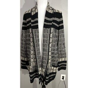 NWT $298 BCBG Chunky Knit Black Beige Cardigan Open Front Wool Blend Sweater S